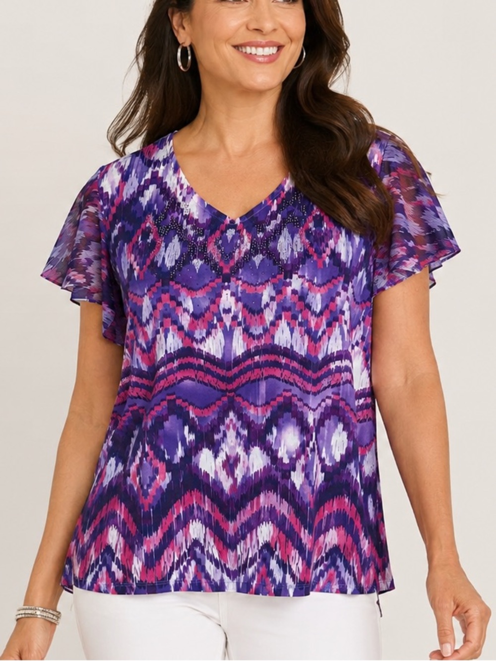 Chico’s 3 XL Purple Ikat Print Flutter Sleeve Rhinestone V-Neck Boho Blouse Top - Picture 1 of 11
